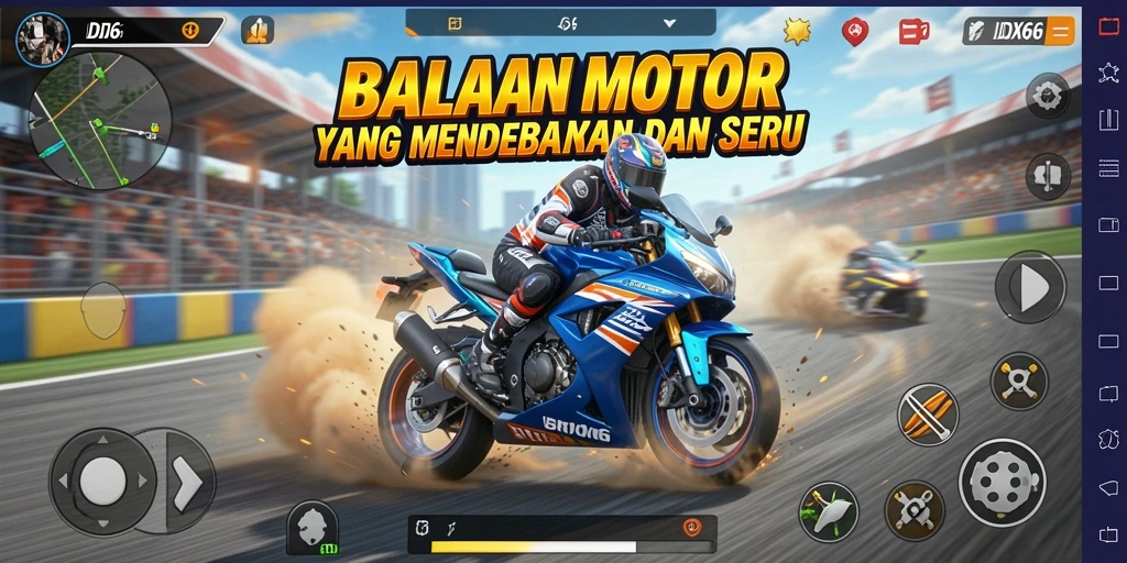 Screenshot gameplay <strong>IDX66</strong> menampilkan balapan motor yang seru dan grafis menawan.